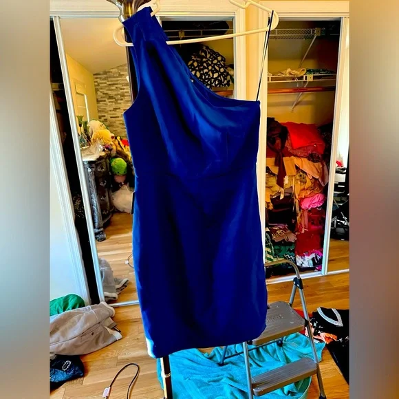 Cobalt blue one shoulder side zipper pencil skirt dress